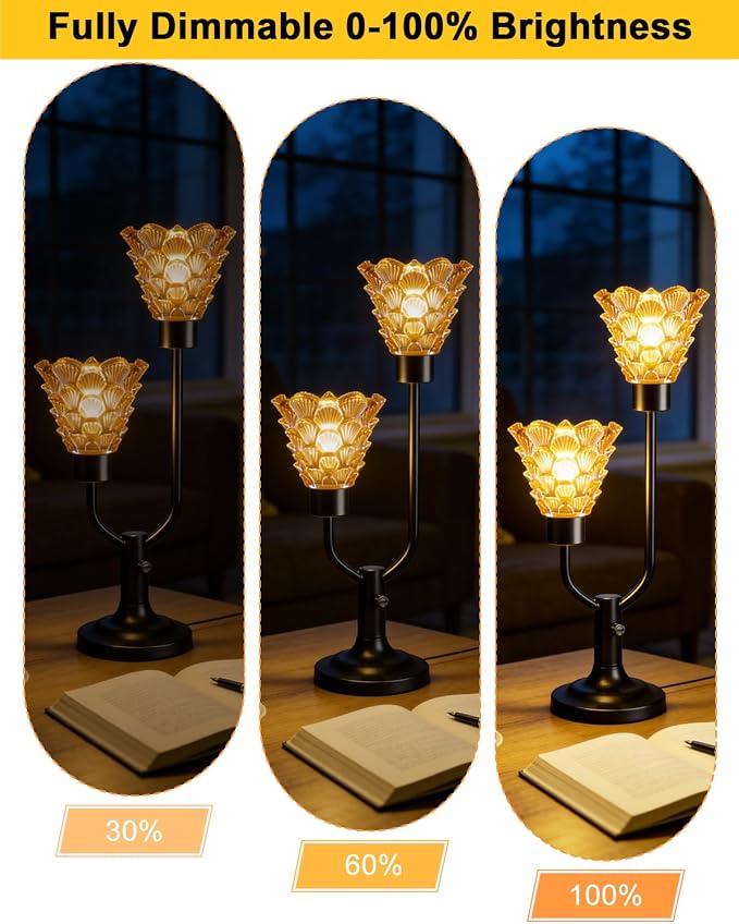 Lightdot Vintage Table Lamp for Living Room Dimmable Mid Century Modern Desk Lamp Amber Glass Black Nightstand Lamp 2 Bulbs Included Warmwhite Ambient Bedside Lamps for Bedroom Home Office Decor Gift