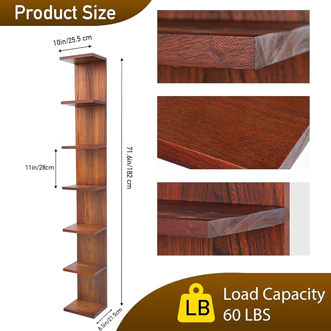 7 Tier Wall Shelf Unit,Vertical Column Floating Storage Home Decor Organizer,Walnut Lack Wall Shelf for Bedroom,Living Room,Office Decor(2 Pack)