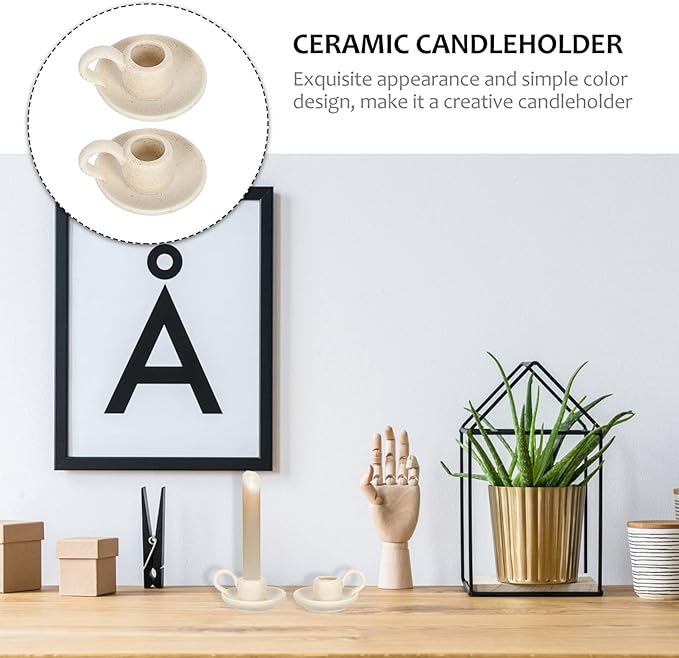 DOITOOL 2Pcs Ceramic Candle Holder Candlestick Holder with Handle, Taper Candle Stand Candlelight Stand Holder Decorative Candle Display Holder for Desktop Dining Room Home Decoration Display (Beige)
