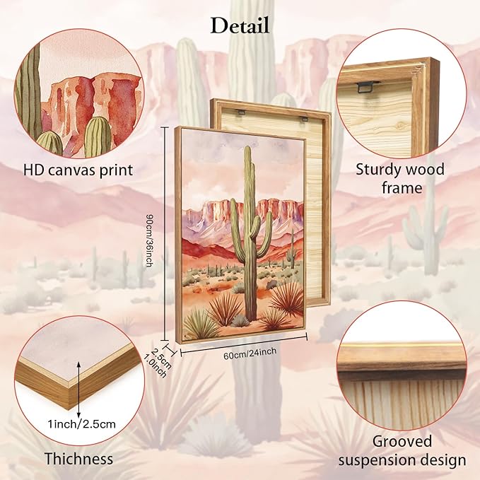 HLNIUC Boho Desert Plant Framed Canvas Wall Art Set,Southwestern Sun Mountain Wall Decor,Cactus Sunset Landscape Wall Painting,Watercolor Abstract Desert Art Prints for Living Room,Office - 24”x36”x3