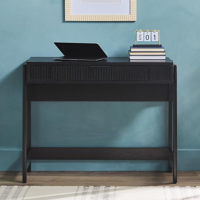Walker Edison Transitional Style Furniture, Reeded Detail, Lift-Top Desk with Drawer and Storage Cubby, Sitting to Standing Desk, Soft Self-Close Desktop, 38 Inch, Black