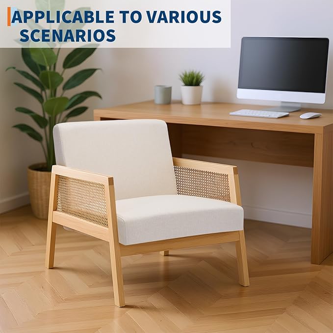 Mid Century Modern Accent Chair, Comfy Living Room Chairs with Sturdy Wood Legs, Rattan Backrest & Beige Thick Linen Cushion, Armchair for Bedroom Balcony Apartment (Beige-A) 2 PCS