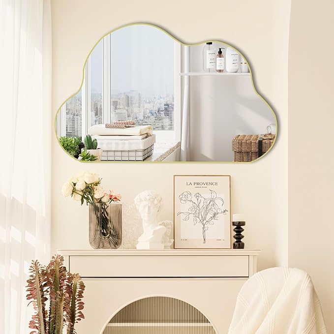 POZINO Gold Irregular Mirror, 33.5"x20.5" Cloud Shaped Mirrors, Asymmetrical Wall Mirror, Abstract Funky Frameless Mirrors for Living Room Bathroom Bedroom Entryway Fireplace