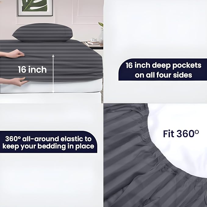 SGI bedding 100% Egyptian Cotton Sheets RV King Size – 600 Thread Count Sheets Set, Soft, Cooling, 15" Deep Pocket, Luxury Hotel Bedding, Breathable, Durable - Dark Grey Stripe