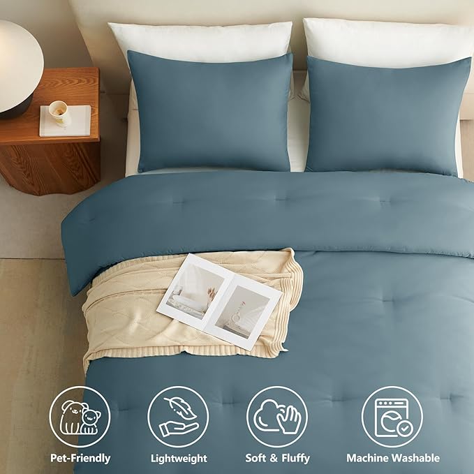 CozyLux California King Comforter Set Mineral Blue, 3 Pieces Cal King Lightweight Down Alternative Quilted Bedding Sets, All Season Breathable Solid Comforter with 2 Pillowcases, Bed Set Gift for Home