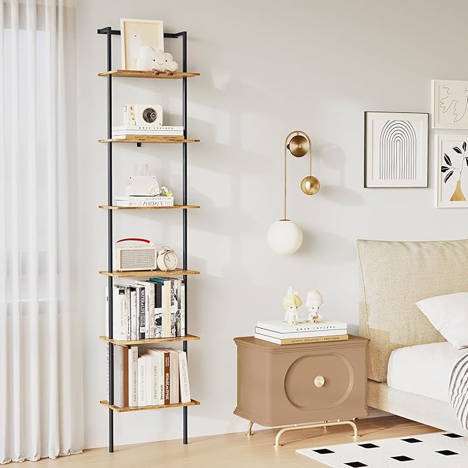 6-Tier Ladder Shelf, 77 Inches Wall Mounted Ladder Bookshelf with Metal Frame, Wood Tall Open Storage Rack and Display Shelves for Home Office Bedroom Living Room, Rustic Brown