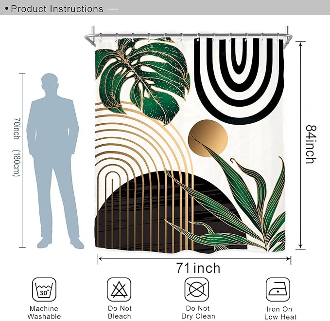 Miyotaa Abstract Emerald Green Shower Curtain Set 71Wx84H Inches Extra Long Minimalist Modern Tropical Leaves Geometric Contemporary Polyester Waterproof Bathroom Curtain with 12 Hooks