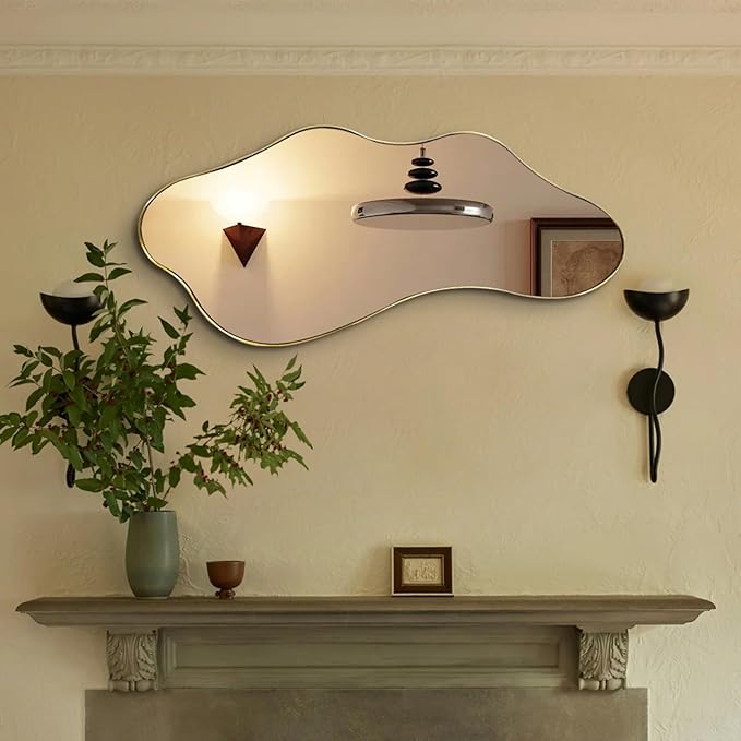 Irregular Mirror, 40"x18" Asymmetrical Wall Mirrors with Gold Metal Frame, Odd Shaped Mirror Decorative, Modern Abstract Mirrors for Living Room Bathroom Bedroom Hallway Entryway Fireplace