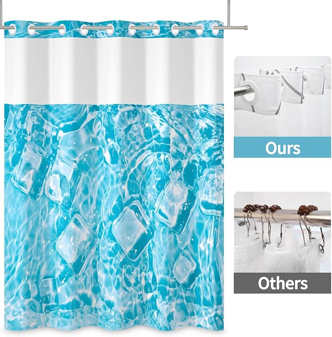 Blue Shower Curtain with Snap in Liner Water Pattern with Ice Cubes Summer Cool No Hook Shower Curtains with Mesh Polyester Fabric Waterproof Bathroom Curtain Set 71x74 Inch