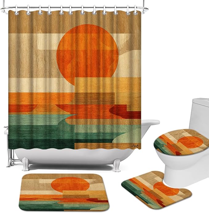 4 Pcs Geometric Wood Sunset Bathroom Set: Shower Curtain, Bath Mat, Toilet Lid Cover & Rug - Abstract Landscape Print with Hooks for Mid-Century Modern Ambiance