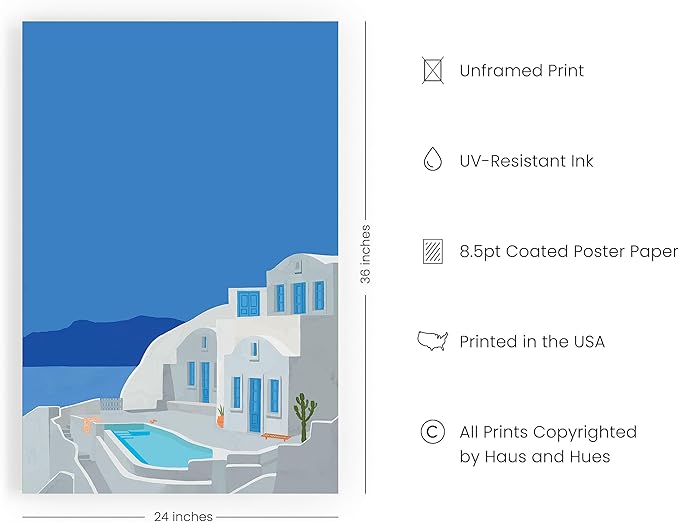 HAUS AND HUES Vintage Travel Posters - Greece Art Prints for Wall Decor, Blue Posters of Travel Themed Photo, Beachy Aesthetic Wall Art Prints, Greece Photo, Mykonos Artwork (24x36, Unframed)