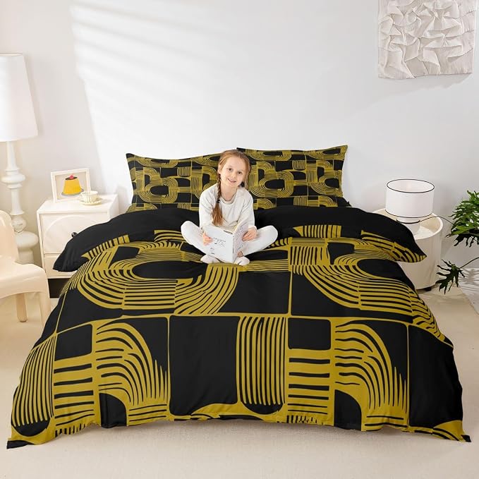 Boho Ethnic Toddler Comforter Cover For Teens Geometric Stripes Duvet Cover Black Yellow Bohemian Striped Bedding Set For Kids Boys Adult Women Modern Simple Aesthetics Bed Sets With 1 Pillow Case