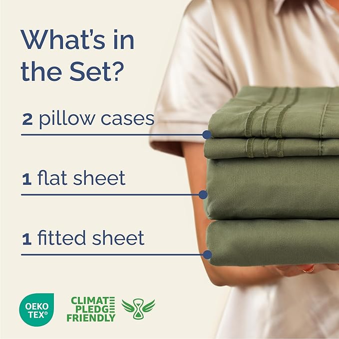 Queen Size 4 Piece Sheet Set - Comfy Breathable & Cooling Sheets - Hotel Luxury Bed Sheets for Women & Men - Deep Pockets, Easy-Fit, Soft and Wrinkle Free Sheets - Sage Green Oeko-Tex Bed Sheet Set