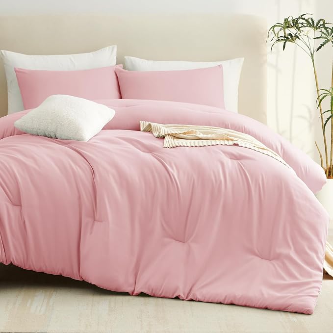 CozyLux Queen Comforter Set Pink, 3 Pieces Lightweight Comforters Queen Size Quilted Bedding Sets, All Season Breathable Solid Down Alternative Comforter with 2 Pillowcases, Bed Set Gift for Home