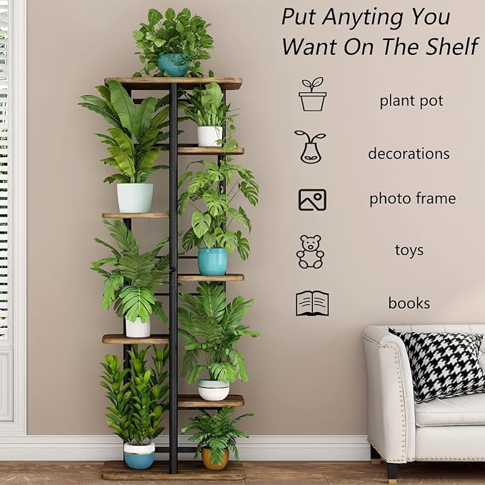 LINZINAR Plant Stand 7 Tier 8 Potted Multiple Flower Pot Holder Shelf Indoor Outdoor Planter Rack Storage Organizer for Patio Garden Corner Balcony Living Room (Black, 7 Tier)