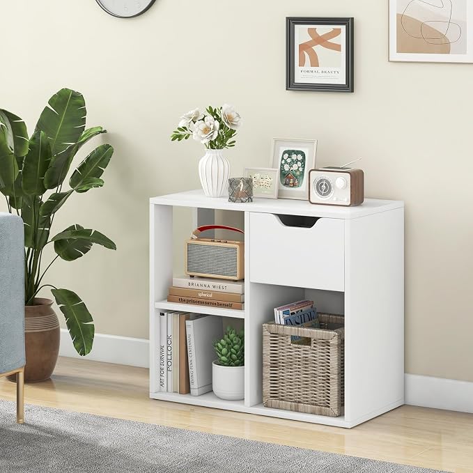 LOKO 3-Cube Bookshelf with Drawer Set of 2, 2-Tier Open Shelf Bookcase, Freestanding Display Shelf, Modern Home Storage Organizer, Shelving Unit for Living Room, Study, Office (2, White)