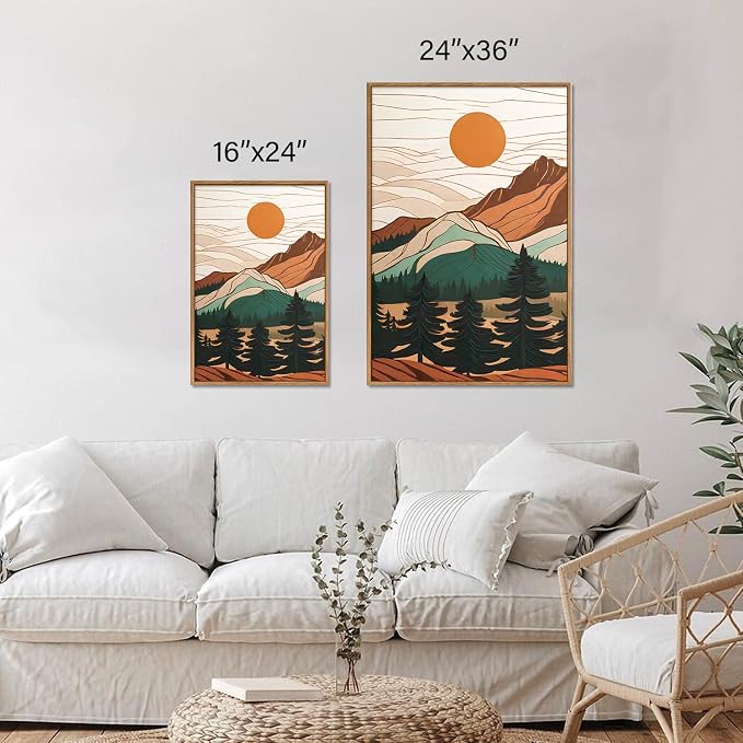 Tinonedraw Large Mountain Framed Canvas Wall Art Set of 3, Boho Nature Forest Wall Decor, Neutral Wooden Pine Trees Artwork, Sunrise Ridge Landscape Art Printing for Living Room Bedroom Office 24"x36"