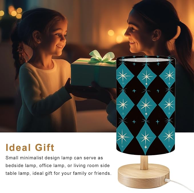 Bedside Table Lamp Atomic era diamond seamless pattern starbursts Mid century inspired 16-Way Dimmable Small Desk Lamp with Round Flaxen Fabric Shade for Nightstand Bedroom Living Room Home Decor