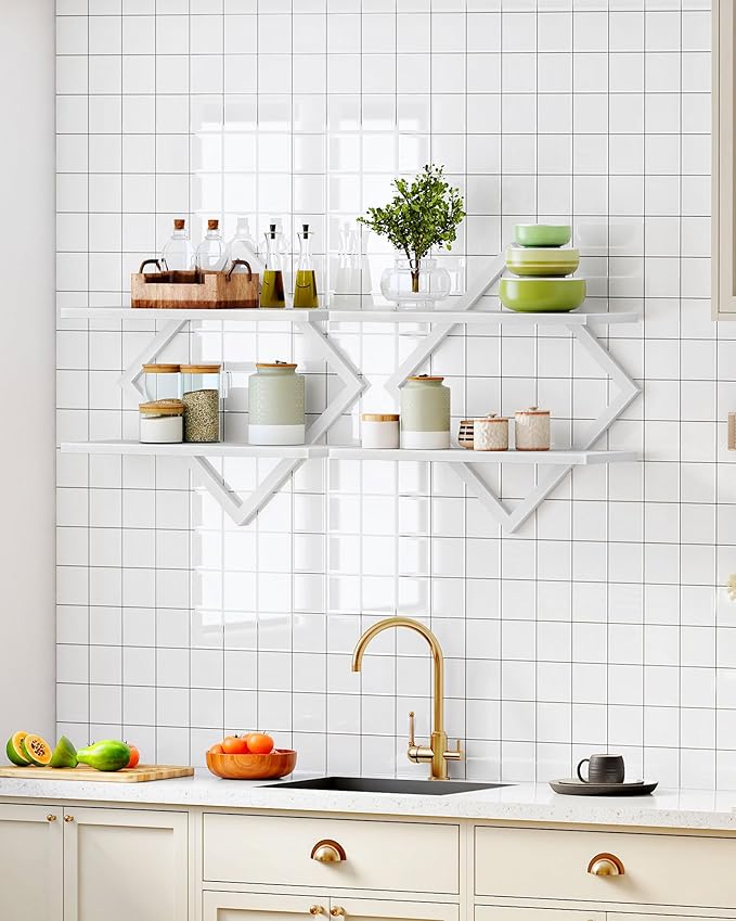 CHOEZON Floating Shelves, Set of 2 Wall Shelves, 2-Tier Hanging Shelves, Wall Shelf Set of 2, for Living Room, Bedroom, Kitchen, Office, Study, White TBJ01P2WB