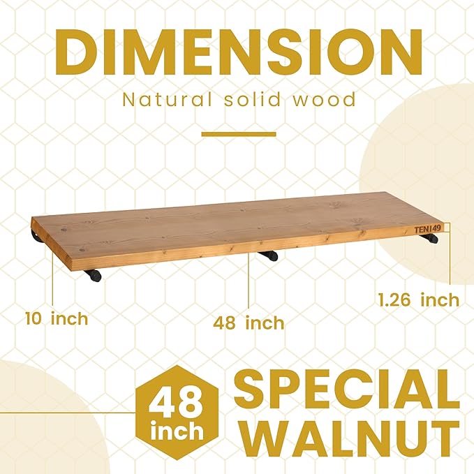 TEN49 Real Wood Rustic Floating Shelves Wall - 48 Wide Small Wooden Industrial Pipe Shelving - Farmhouse Pipe Wall Shelves Furniture Bathroom Decor Art Shelf Kitchen - Light Walnut Color - Set of 2