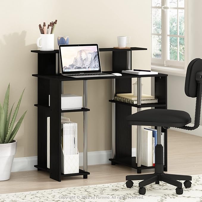 Furinno Jaya Simple Design Computer Writing Desk, Americano/Stainless Steel, 20.3 (D) x 35.6(W) x 35.7 (H) inches.