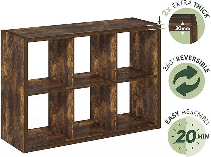 Furinno Cubicle Book Shelf, 6-Cube Bookshelf, Extra Thick Frame Horizontally & Vertically Reversible Bookcase with Open Back, 14.6" x 44" x 30", for Living Room, Bedroom, Home Office, Amber Pine