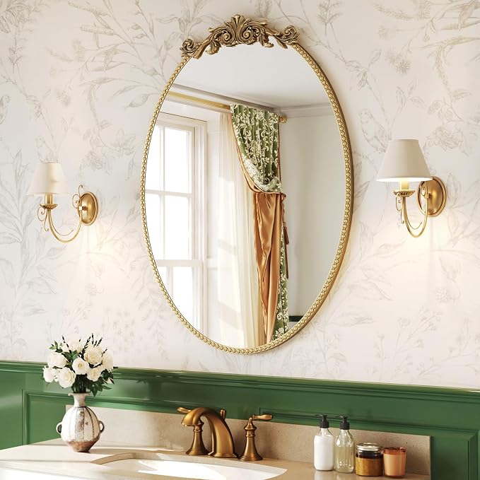 CozyDH Retro Gold Oval Wall Mirror Decor - 25x36 inch Ornate Baroque Style Beaded Metal Frame - Vintage Home Decor for Entryway, Foyer, Fireplace, Living Room, Hallway