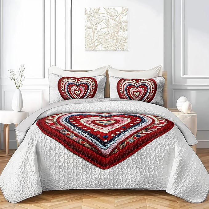 AILONEN Red Knitted Heart Quilt Set King Size,Heart Reversible Bedding Sets,Romantic Moment Bedspread Coverlet with 2 Pillowcases,3-Piece,Soft Lightweight Microfiber