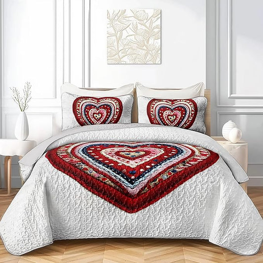 AILONEN Red Knitted Heart Quilt Set King Size,Heart Reversible Bedding Sets,Romantic Moment Bedspread Coverlet with 2 Pillowcases,3-Piece,Soft Lightweight Microfiber