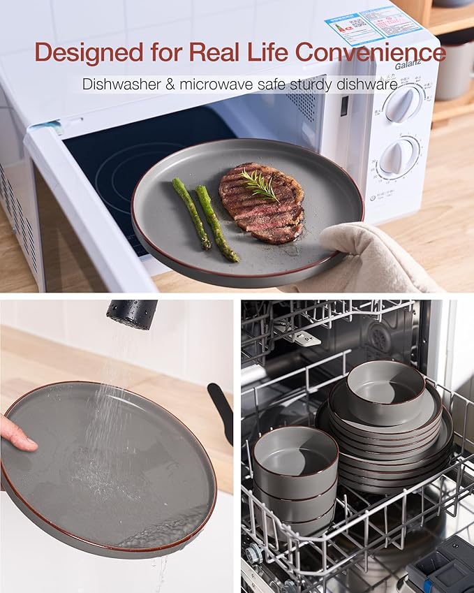 Famiware Nebula Ridge Stoneware Dinnerware Sets for 8, 24 Pieces Plates and Bowls Sets, Dishes Set, Microwave and Dishwasher Safe Kitchen Plates, Dark Gray