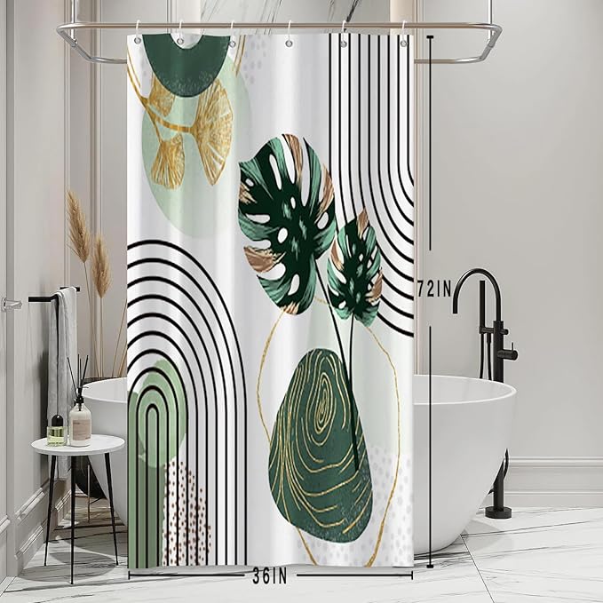 Mid Century Boho Shower Curtain - Green Palm Gold Ginkgo Leaf Abstract Arch Decorative Bath 36x72 Inch Polyester Fabric Waterproof Aesthetics Bathroom With Hooks