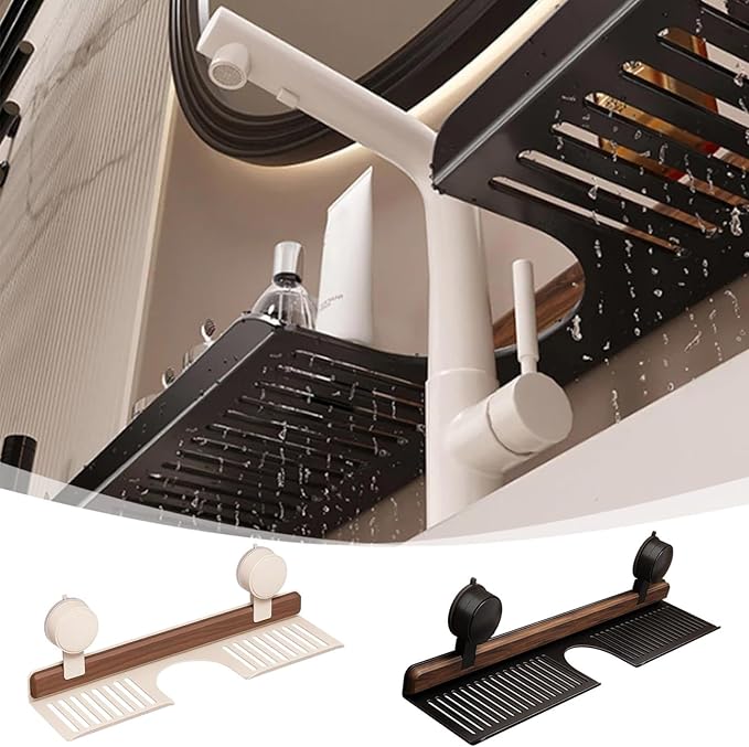 Walnut Bathroom Suction Cup Shelf - Wall Mounted Sink Shelf Over Faucet for Bathroom & Kitchen, Removable Suction Cup Sink Over Faucet Organizer, Floating Storage Countertop Shelves (White_60CM)