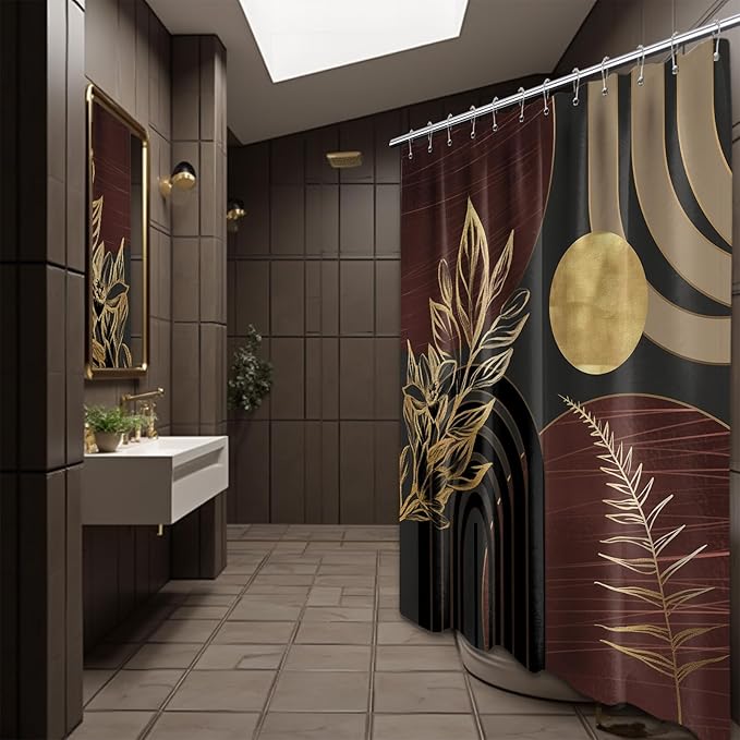 Dark Brown and Black Shower Curtain Boho Mid Century Gold and Brown Shower Curtains for Bathroom Decor, Waterproof Cloth Fabric with Hooks, 70" W x 78" L