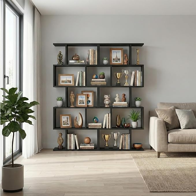 5-Tier Geometric Bookcase (Set of 2), 62.6" Tall S-Shaped Bookshelf & Room Divider, Modern Black Freestanding Display Shelving Unit for Living Room, Hallway, Home Office
