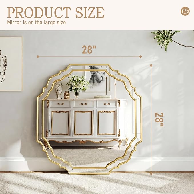 Round Mirrors for Wall Decor,Gold Scalloped Mirror 28 inch, Vintage Wall Mirror for Bedroom, Living Room,Entryway,Bathroom