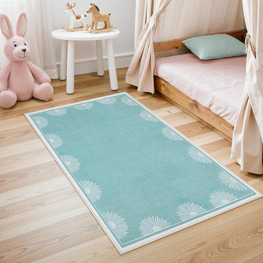 Hedlive Washable 3x5 Toddler Rug, Soft Low Pile Baby Blue Nursery Area Rugs for Boys and Girls, Sun Print Floor Carpet for Kid Baby Room Bedroom Playroom Classrooom Dorm(3'x5',Baby Blue)