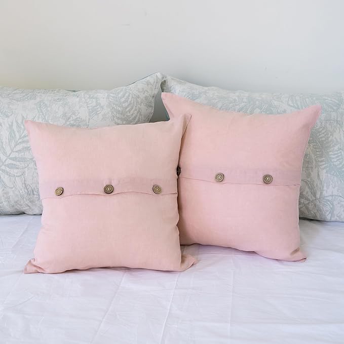 Simple&Opulence Linen Throw Pillow Covers Pack of 2, Triple Coconut Button Vintage Farmhouse Natural Flax Decorative Square Cushion Cover for Sofa Couch Chair - Brush Pink, 18'' x 18''