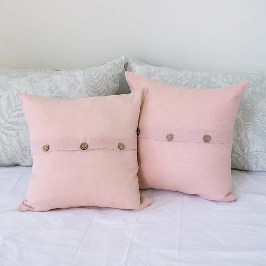 Simple&Opulence Linen Throw Pillow Covers Pack of 2, Triple Coconut Button Vintage Farmhouse Natural Flax Decorative Square Cushion Cover for Sofa Couch Chair - Brush Pink, 18'' x 18''