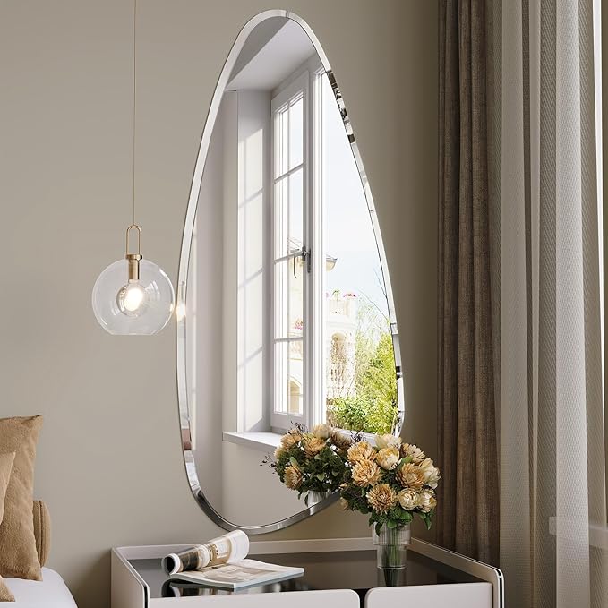 48"x22" Irregular Frameless Oval Wavy Bathroom Entryway Wall Mirror, Asymmetrical 0.59" inch Beveled Mirror with 4MM HD Shatter-Proof Mirror for Living Room. Hung Horizontally or Vertically