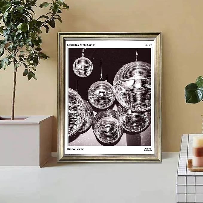 Disco Ball Music Wall Art, Vintage Framed Print Posters for Room Aesthetic Decor, Trendy Retro 70s Decor Funky Wall Art, Preppy Bar Cart Canvas Artwork
