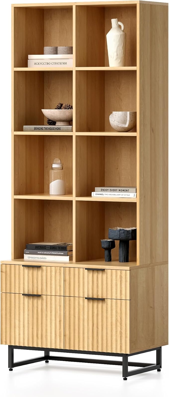 Fluted Tall Bookcase with Drawers Set of 3, 71" Tall Bookshelf Display Cabinet with Open Adjustable Shelf, Mid Century Farmhouse Book Shelf for Office Kitchen Living Room (Natural Oak)