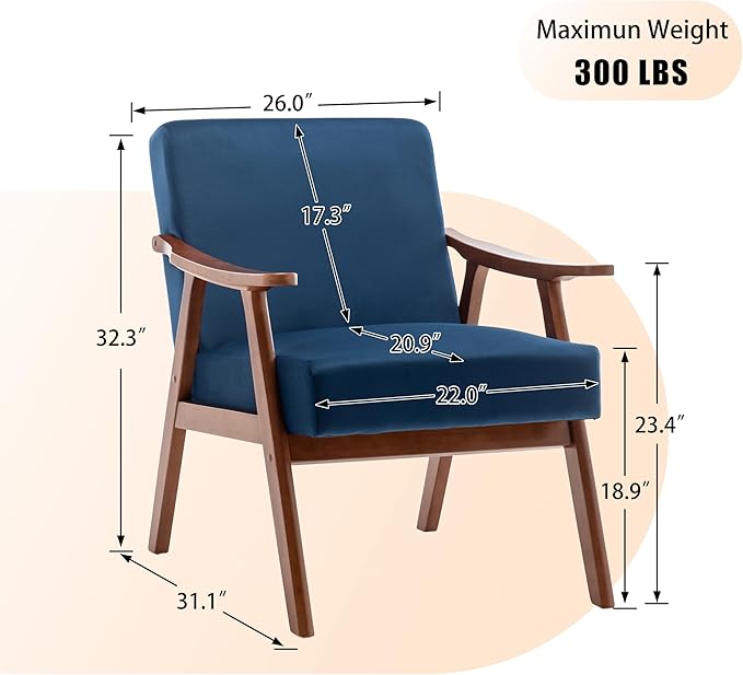 Furnimart Accent Chairs Set of 2, Mid-Century Modern Chair Reading Chairs with Extra-Thick Backrest, Wooden Armchairs for Living Room, Bedroom, Waiting Room, Blue Velvet