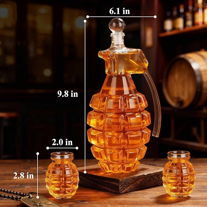 Birthday Gifts for Men, Grenade Shape Whiskey Decanter Set with 2 Shot Glasses, Cool Christmas Anniversary Retirement Gifts for Dad Husband Grandpa, Unique Bourbon Presents