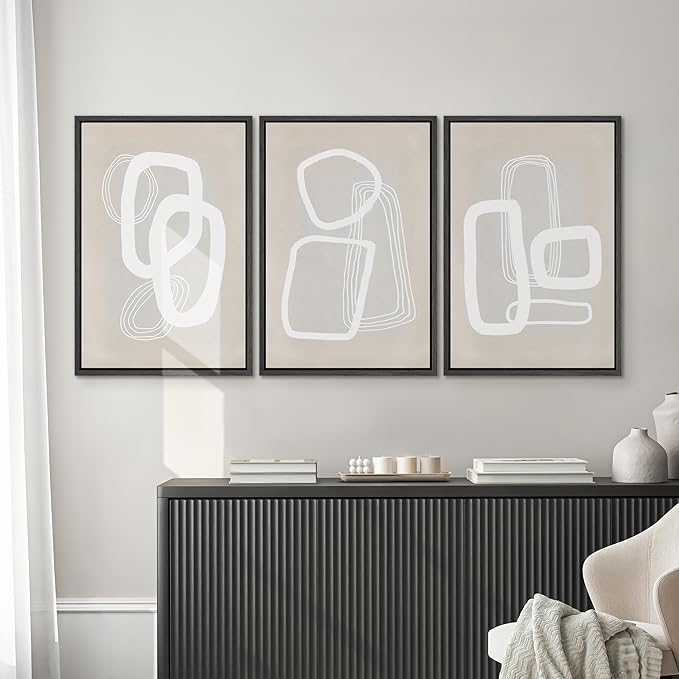 SIGNWIN Framed Canvas Print Wall Art Set Mid-Century Geometric Polygon Variety Abstract Shapes Cozy Neutral Decorative Contemporary Minimal for Living Room, Bedroom, Office - 16"x24"x3 Black