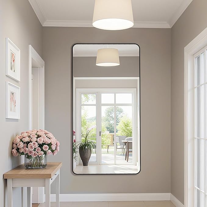 Bathroom Mirrors for Over Sink 55" x 30", Black Metal Frame Rounded Corner Rectangle Wall Mirror, Modern Farmhouse Vanity Mirror(Horizontal/Vertical)