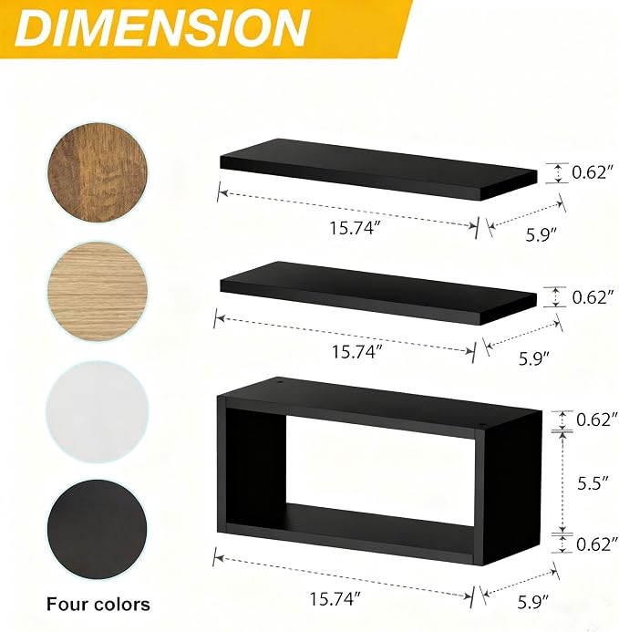 Wall Mounted Floating Shelf, c Long for Bedroom Living Room Kitchen Staircase Bathroom Above Toilet Wall Decoration Book Storage Room Recoration (3piece Set) Black
