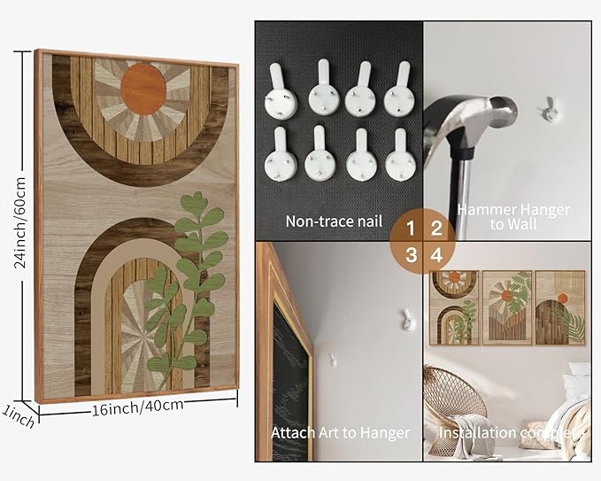 KYLESONLIE Mid Century Modern Framed Canvas Wall Art Set, Boho Wood Geometric Panel Wall Decor, Rustic Wooden Arch Art Painting, Pastel Sage Green Leaf Artwork for Living Room Bedroom Office 16"x24"x3