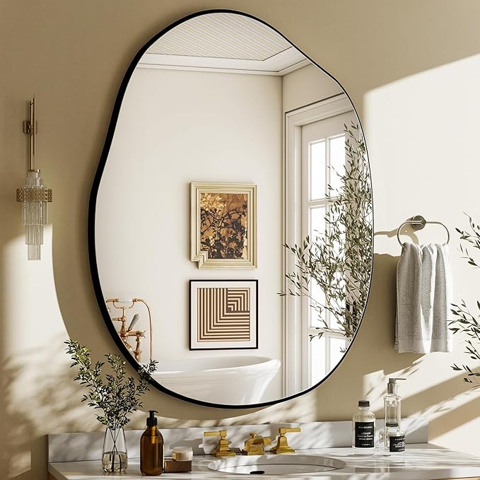 HARRITPURE Irregular Wall Mirror 22"x32" Black Asymmetrical Bathroom Mirror Wood Framed Modern Decorative Vanity Mirrors for Bedroom Living Room Entryway