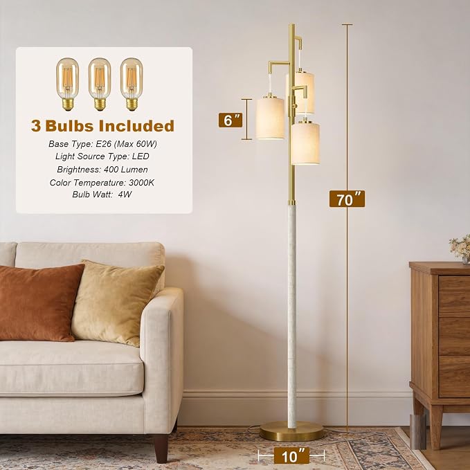 G-SAFAVA 70" Dimmable Floor Lamp Wood Floor Lamps for Living Room Bedroom Mid Century Modern Floor Lamp Gold Standing Lamp Tall Lamps for Office Nursery Reading Elegant Stand Up Lamp, 3 Bulbs Included