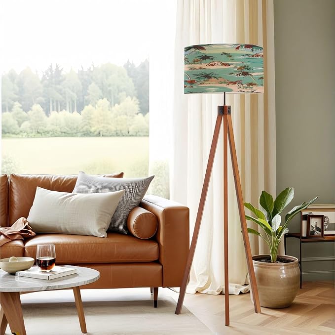 Wood Tripod Floor Lamp Bright summer hawaii seamless island pattern Landscape palm trees Mid Century Standing Lamp Linen Shade Dimmable Modern Tall lamp Home Decor for Living Room Bedroom Office